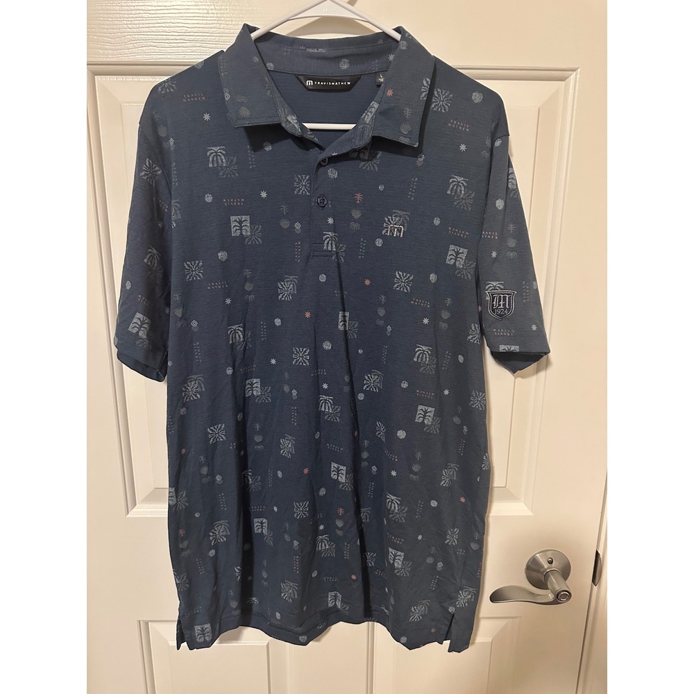 TravisMathew Polo Shirt Mens L Blue Tropical Palm Golf Short Sleeve Stretch